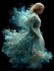 A woman in a blue dress is flying through the air