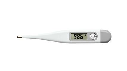 Digital body thermometer displays a normal temperature reading against a dark background