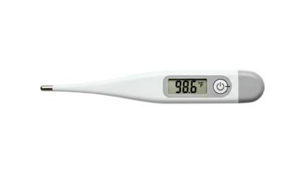 Digital body thermometer displays a normal temperature reading against a dark background