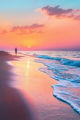 A person walking on the beach at sunset
