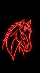 Neon red outline of a horse's head glowing against a dark background, showcasing vibrant light art in a modern style