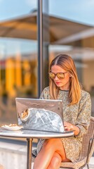 A woman sitting at a table with a laptop computer