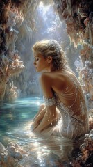 A woman in a white dress sitting in a cave