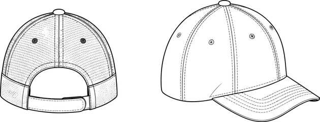 Trucker mesh cap technical flat sketch, back and side view. Baseball hat vector template, isolated mockup for fashion design.