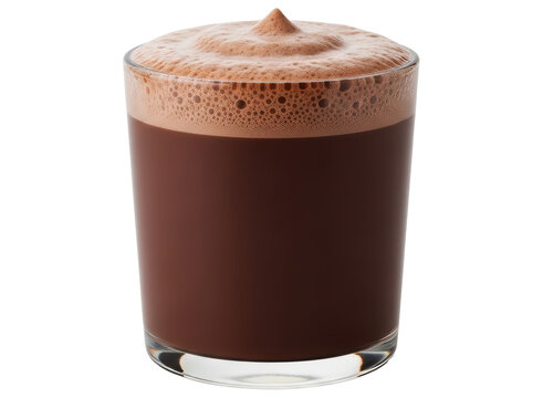 Delicious hot chocolate drink with creamy foam in a clear glass