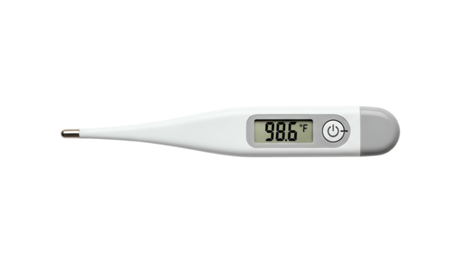 Digital body thermometer displays a normal temperature reading against a dark background