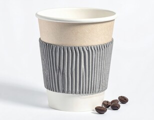 Disposable paper coffee cup with grey corrugated sleeve on a white background with coffee beans.