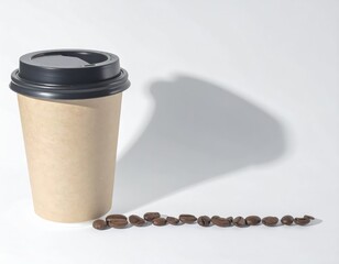 Disposable paper coffee cup with lid and coffee beans on a white background.