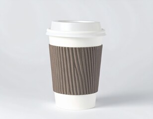 Disposable paper coffee cup with lid and sleeve on a white background.