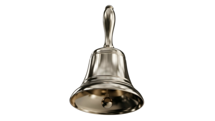 Polished metal hand bell isolated against a solid black background
