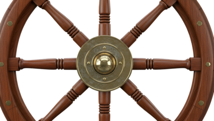 Detailed view of a classic wooden ship helm with brass centerpiece against a dark background
