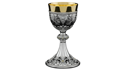 Ornate silver and gold ceremonial cup rests against a solid black background