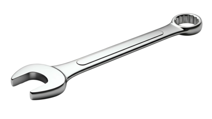 Polished chrome combination wrench rests diagonally against a solid black background