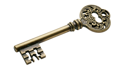 Ornate antique skeleton key rests diagonally against a deep black background