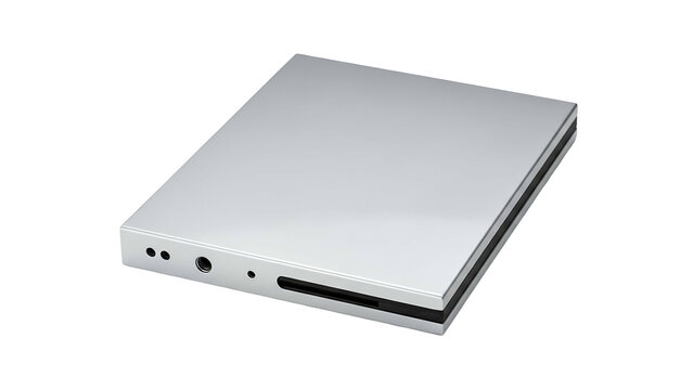 Slim silver electronic device with input output ports rests against a black background