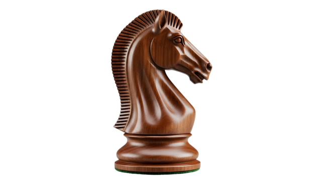Richly rendered wooden chess knight piece stands against a stark black background