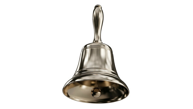Polished metal hand bell isolated against a solid black background