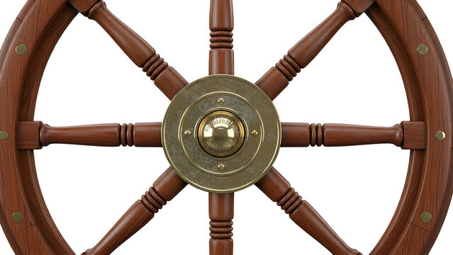 Detailed view of a classic wooden ship helm with brass centerpiece against a dark background