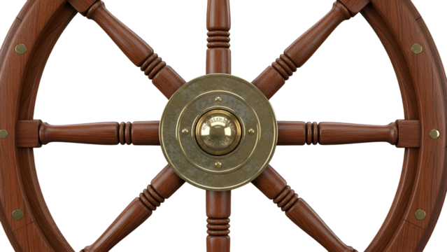 Detailed view of a classic wooden ship helm with brass centerpiece against a dark background