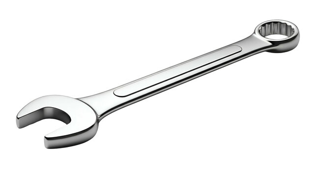 Polished chrome combination wrench rests diagonally against a solid black background
