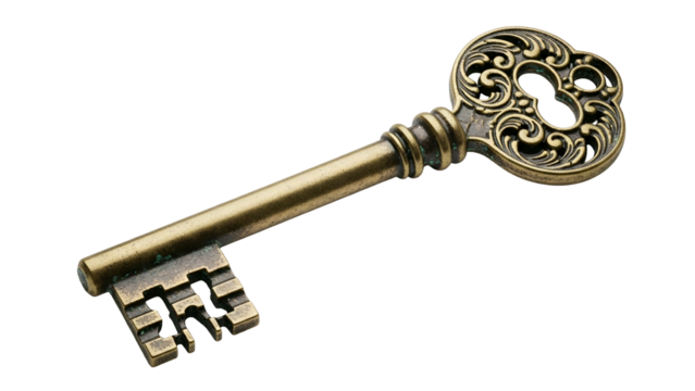 Ornate antique skeleton key rests diagonally against a deep black background