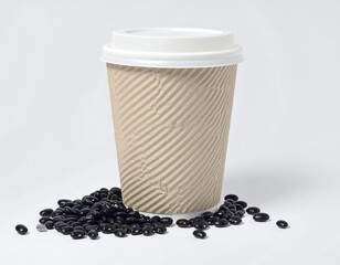 Disposable ripple coffee cup with a white lid surrounded by fresh roasted coffee beans.