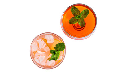 Fototapeta premium Two cocktail variations featuring raspberry martini with mint garnish isolated on transparent background