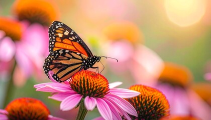Obraz premium Monarch butterfly on pink coneflower, sunny bokeh highlights. Soft focus creates a tranquil, nature-inspired image