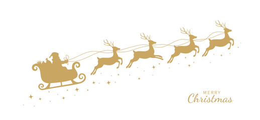 Santa Claus ride sleigh with flying reindeer. Sparkles, stars decorative element. Santa Sleigh Silhouette. Merry christmas banner. Vector illustration