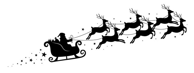 Santa Claus ride sleigh with flying reindeer. Sparkles, stars decorative element. Santa Sleigh Silhouette. Merry christmas banner. Vector illustration
