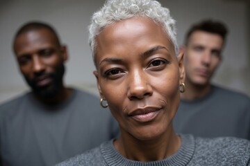 A woman with white hair and two men in the background