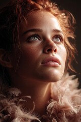 A woman with red hair and freckles looking up at the sky