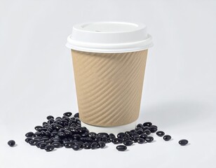 Disposable ripple paper coffee cup with a lid surrounded by coffee beans.