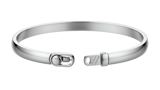 Sleek, modern metal bangle bracelet displays an open hinge closure against a dark background.