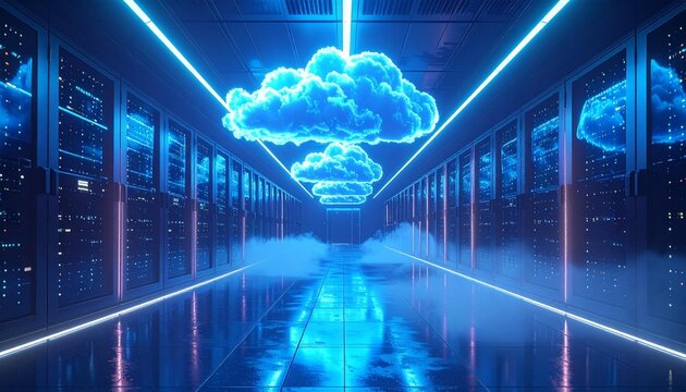 A futuristic server room with cloud formations and bright blue