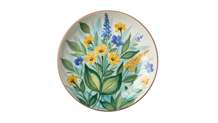 Handpainted ceramic serving dish displays a vibrant bouquet of yellow and blue springtime blossoms