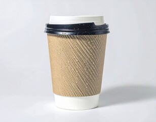 Disposable ripple paper coffee cup with black lid.