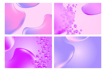 Elegant purple, violet liquid texture with bubbles, gradient background with copy space. Fluid iridescent gel blobs close up, collagen serum, oil texture. Beautiful cosmetic presentation.