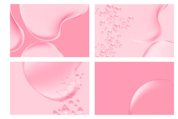 Elegant light pink liquid texture with bubbles, gradient background with copy space. Fluid iridescent gel blobs close up, collagen serum, oil texture. Beautiful cosmetic presentation.