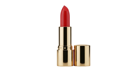 Luxurious red cosmetic stick displayed with its golden case cap beside it against a deep black background