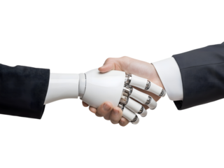 Robotic and human hands joining together isolated on white background, representing collaboration between technology and humanity.