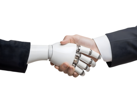 Robotic and human hands joining together isolated on white background, representing collaboration between technology and humanity.