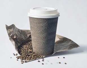Disposable takeaway coffee cup with whole roasted beans on paper.