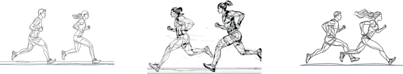 Fototapeta premium Continuous line art showcases a sportsman and sportswoman running and exercising as a means to maintain a healthy and fit body