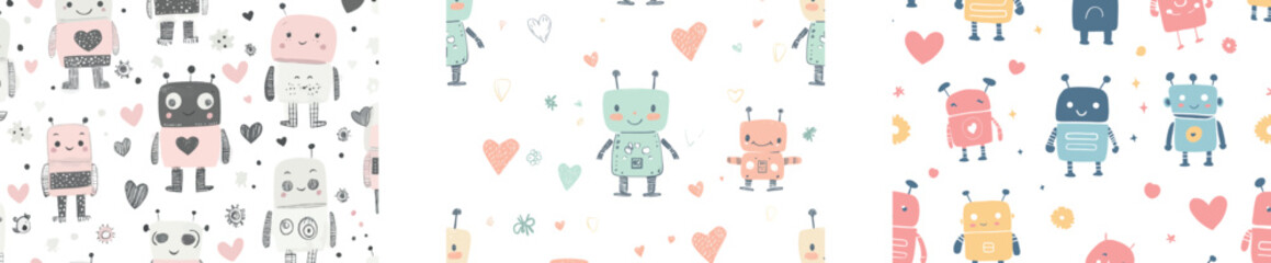 Humorous robots are showcased in a seamless pattern, drawn in a Scandinavian style, and are paired with a colorful, hand-drawn cyborg character, making it suitable for modern kids' and baby fashion