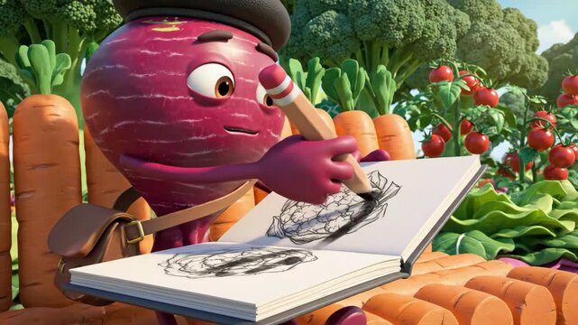 Animated onion character sketching in a garden setting with vegetables
