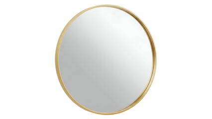 Round decorative looking glass featuring a thin metallic border against a dark background
