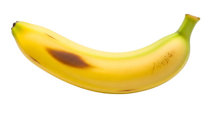 Single ripe banana with a noticeable brown bruise sits isolated against a deep black background