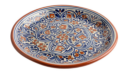 Fototapeta premium Ornate ceramic platter features traditional hand painted blue and brown decorative motif isolated on black