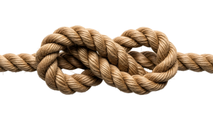 Thick natural fiber rope tied into a decorative figure eight knot against a dark background